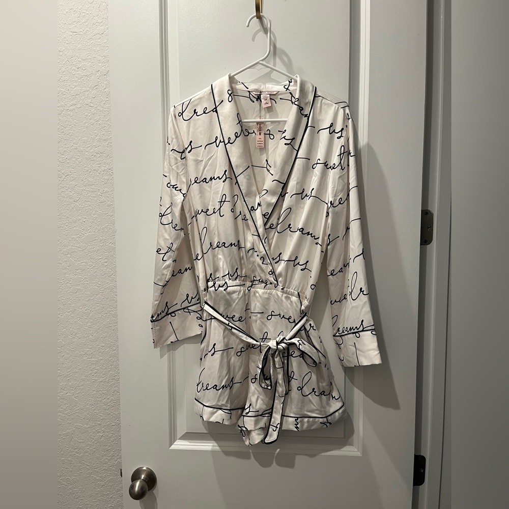 Victoria’s Secret Long Sleeve Logo Script Satin Romper Sleepwear